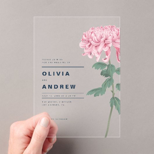 Romantische rosa Chrysanthemum Botanische Hochzeit Acryleinladungen (Insitu (Handheld))