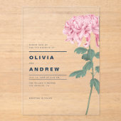 Romantische rosa Chrysanthemum Botanische Hochzeit Acryleinladungen (Vorderseite)