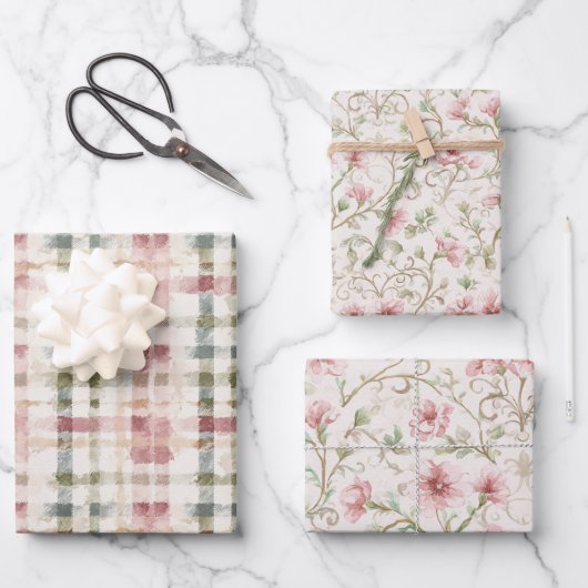 Romantische rosa Creme-Blume Geschenkpapier Set (Vorderseite)