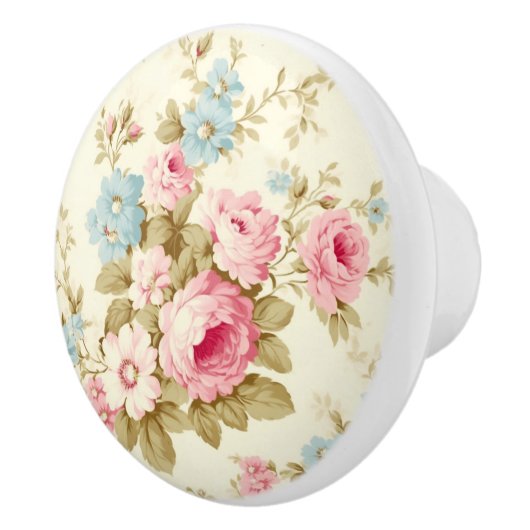 Romantische Rosa Englische Rose auf blassgelb Keramikknauf (Rechts)