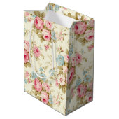 Romantische Rosa Englische Rose auf blassgelb Mittlere Geschenktüte (Rückseite Schrägansicht)