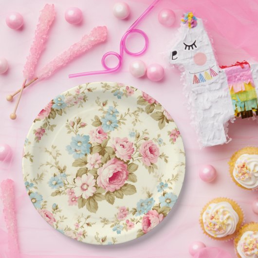 Romantische Rosa Englische Rose auf blassgelb Pappteller (Party)