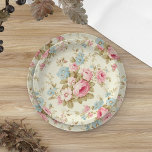 Romantische Rosa Englische Rose auf blassgelb Pappteller<br><div class="desc">Schönes und romantisches feminines,  nahtloses Blumenmuster mit den Sprays von rosa Rosen und blauen Blumen mit Salbei-Blattwerk auf hellpastellgelbem Hintergrund.</div>