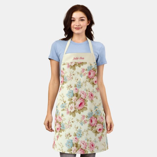 Romantische Rosa Englische Rose auf blassgelb Schürze (Getragen)