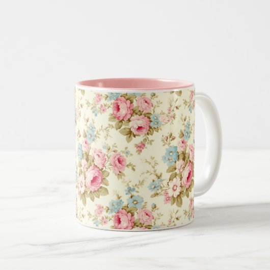 Romantische Rosa Englische Rose auf blassgelb Zweifarbige Tasse (VorderseiteRechts)