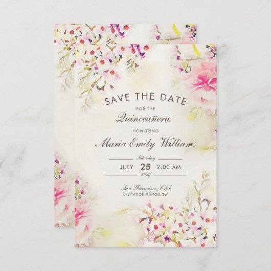 Romantische Rosa Flora Wasserfarbe Quinceanera Save The Date (Vorne/Hinten)
