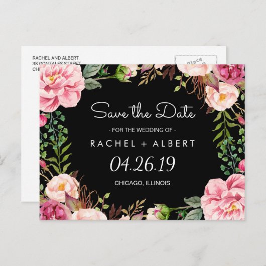 Romantische rosa florale Hochzeit speichern das Da Ankündigungspostkarte (Vorne/Hinten)