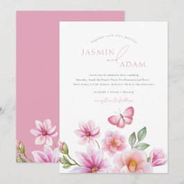 Romantische rosa florale Schmetterlings-Hochzeit Einladung