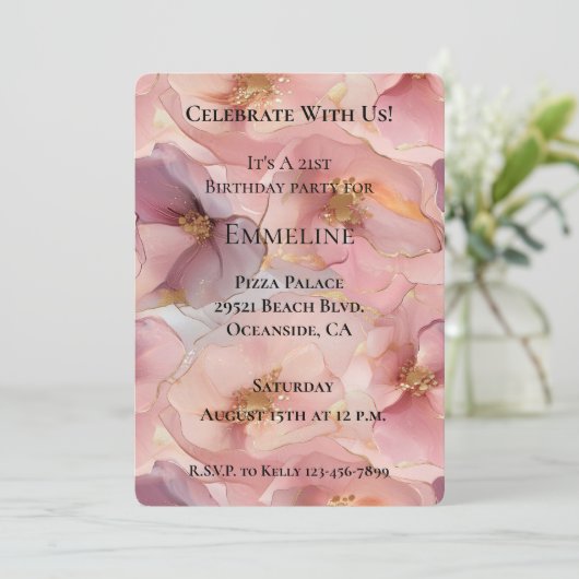 Romantische Rosa Glitz Blume Geburtstag Einladung (Stehend Vorderseite)