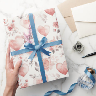 Romantische rosa Herzen Rosen Floral Brautparty Geschenkpapier