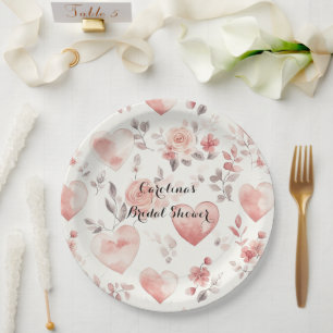 Romantische rosa Herzen Rosen Floral Brautparty Pappteller