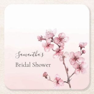 Romantische rosa Kirschblüten Hochzeitsdusche Rechteckiger Pappuntersetzer