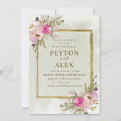 Romantische Rosa Lila Sage Green Blätter Gold Einladung (Vorderseite)