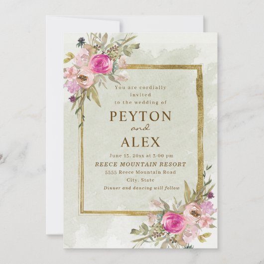 Romantische Rosa Lila Sage Green Blätter Gold Einladung (Vorderseite)