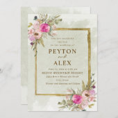 Romantische Rosa Lila Sage Green Blätter Gold Einladung (Vorne/Hinten)