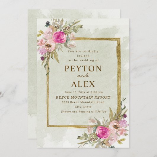 Romantische Rosa Lila Sage Green Blätter Gold Einladung (Vorne/Hinten)