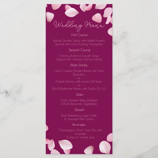 Romantische Rosa Petals Wedding Menu Menükarte (Vorderseite)