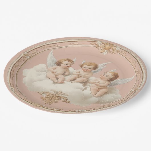 Romantische rosa Rokoko Cherub Cloud Paper Plate Pappteller (Schrägansicht)