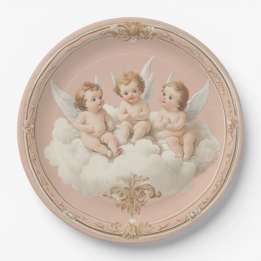 Romantische rosa Rokoko Cherub Cloud Paper Plate Pappteller (Vorderseite)