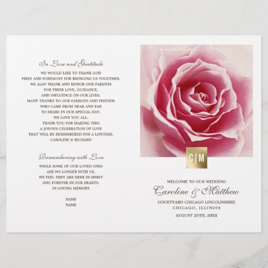 Romantische Rosa Rose | Gold Foil Weddingprogramme (Vorderseite)