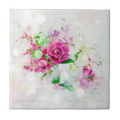 Romantische Rosa Rose mit Bokeh & Glitzern auf Wei Fliese (Vorderseite)