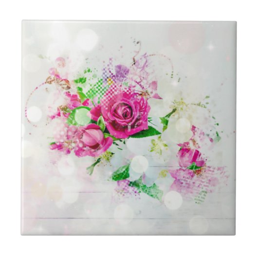 Romantische Rosa Rose mit Bokeh & Glitzern auf Wei Fliese (Vorderseite)