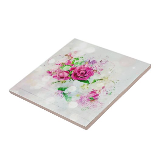 Romantische Rosa Rose mit Bokeh & Glitzern auf Wei Fliese (Seite)