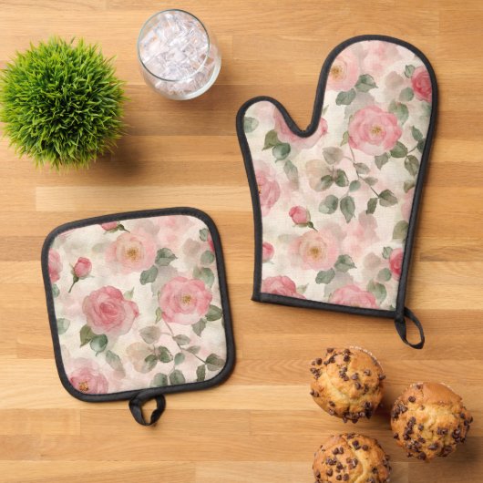 Romantische rosa Rosen Blumen Ofenhandschuh & Topflappen-Set (Oben Unten)