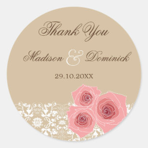Romantische rosa Rosen Damastspitze Hochzeitsaufkl Runder Aufkleber