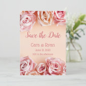 Romantische Rosa Rosen Hochzeitsfeier Save The Date (Stehend Vorderseite)