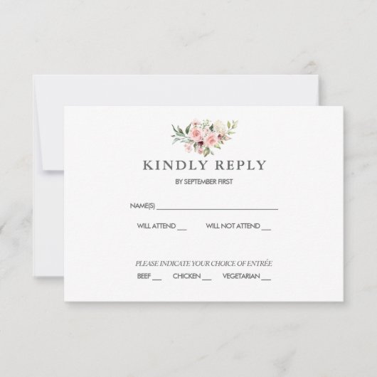 Romantische rosa Rosen Hochzeitsszenierung RSVP Re Einladung (Vorderseite)