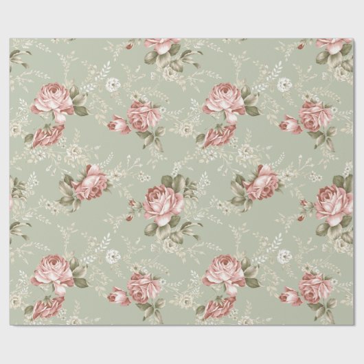 Romantische Rosa Rosen Rosen - Grüner Hintergrund Geschenkpapier (Flach)