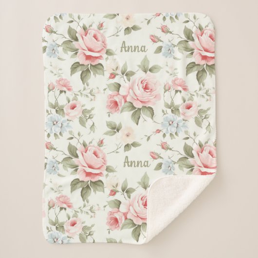 Romantische rosa Rosen Überall Muster mit Namen Sherpadecke (Vorderseite)