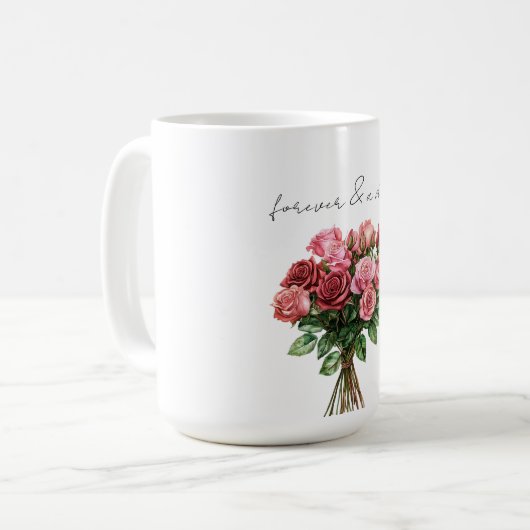 Romantische Rosa Rosenblütenhochzeit Kaffeetasse (Vorderseite Links)