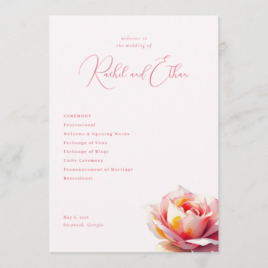 Romantische rosa Rosenhochzeit Programm (Vorderseite)