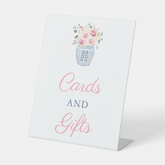 Romantische rosa Rosenkarten und Geschenke Brautpa Sockelschild (Vorderseite)