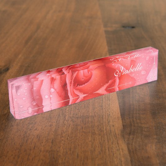 Romantische Rosa Rosentropfen Namensschild Namensplakette (Seite)