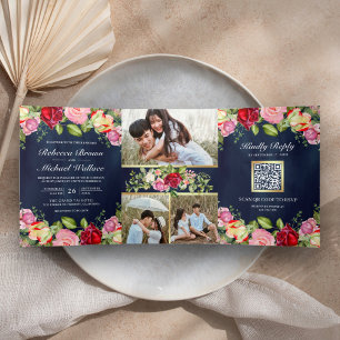 Romantische rosa rote Rosen QR Code marineblaue Ho Dreifach Gefaltete Einladung