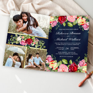 Romantische rosa rote Rosen QR-Code Navy Blau Hoch Einladung