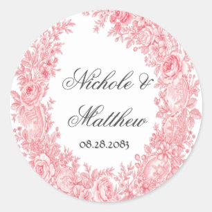 Romantische rosa Toile-Blumen-Hochzeit Runder Aufkleber