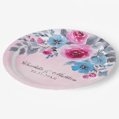 Romantische Rosa- und Blaufarbenblütenhochzeit Pappteller (Schrägansicht)