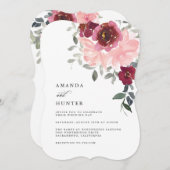 Romantische Rosa- und Burgunder-Hochzeit Einladung (Vorne/Hinten)