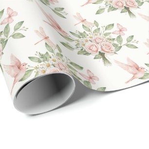 Romantische rosa und grüne Vögel und Blumen Geschenkpapier