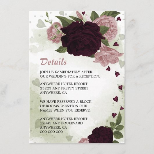 Romantische Rosa und Pflaume Blume Gründetails Begleitkarte (Vorderseite)