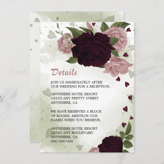 Romantische Rosa und Pflaume Blume Gründetails Begleitkarte (Vorne/Hinten)