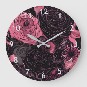 Romantische rosa und schwarz-gotische Rose Große Wanduhr