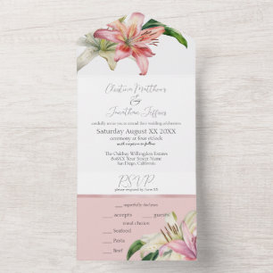 Romantische rosa und weiße Lilien auf Rosé All In One Einladung