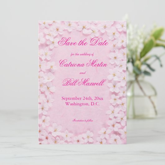 Romantische Rosa und Weiße Save the Date-Karte Einladung (Stehend Vorderseite)
