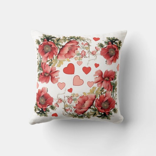 Romantische rosa Vintage Poppies und Herzen Kissen (Rückseite)
