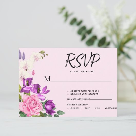 Romantische rosa Violett Kühne Blume Bouquet RSVP Karte (Stehend Vorderseite)